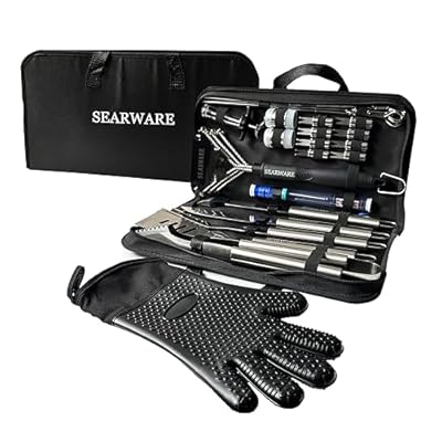 SEARWARE Barbecue Grill Tool Set - Stainless Steel - Strong Durable Design - Heat Resistant Glove & Bristle Free Grill Brush - Thermometer, Meat Injector, & Corn Skewers - Perfect For Smokers & Grills