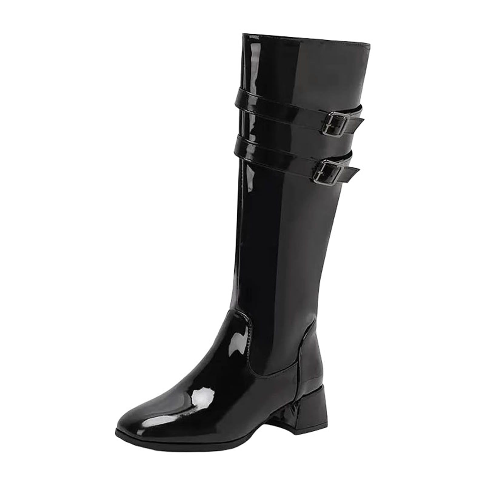 Womens Knee High Boots Square Toe Medium Chunky Heel With Side Zipper And Belt Clasps For Daily Leisure