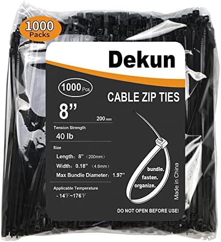 Dekun 8 Inch Cable Zip Ties 1000 Pcs, 40 LB Strength UV Resistant Nylon Wire Management Ties (8 Inch, Black, 1000 Pack)