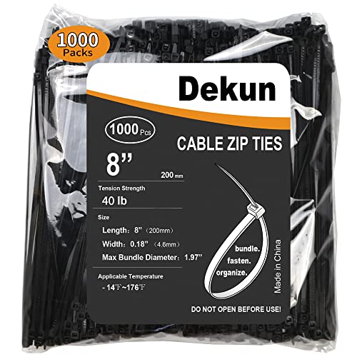 Dekun 8 Inch Cable Zip Ties 1000 Pcs, 40 Lb Strength Uv Resistant Nylon Wire Management Ties (8 Inch, Black, 1000 Pack) #TOP21