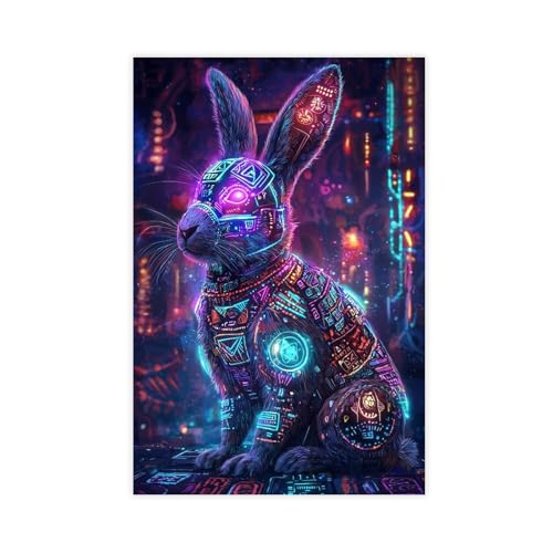 Aztec Cyberpunk Easter Rabbit Print – Glowing Tribal Symbols & AI Tech Fusion Bunny – Afro-Futurism & Digital Totem Art – Unique Easter Gift & Home Decoration Canvas Poster Wall Art Decor Print Pictur