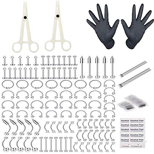 Jconly Piercing Kit - 109PCS Piercing Kit 14G 16G Professional Body Piercing Kit All Piercings Surgical Steel Piercing Needles Piercing Clamps for Nose Ear Tongue Eyebrow