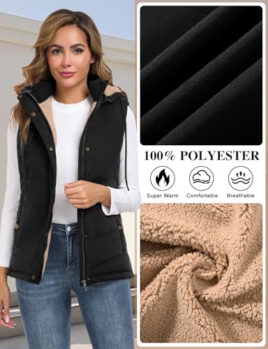 heekpek Damen Weste mit Kapuze Winterweste Ärmellose Fleeceweste Steppweste Kurz Reißverschlüsse Outdoor Warme Damenwesten Ärmellose Jacke Herbst Thermoweste, Schwarz, L