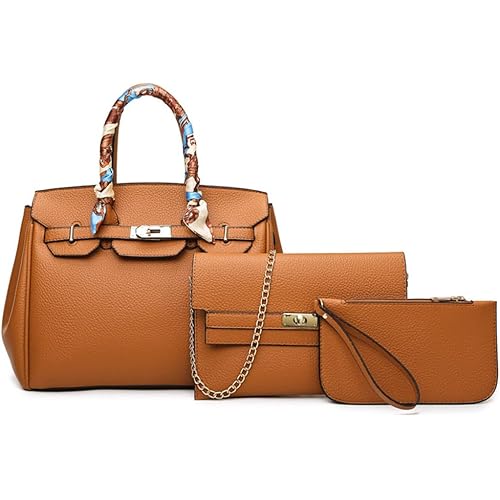 FENGJINRUHUA Women Luxury Designer PU Leather Silk Ribbon Tote Handbag Clutch Handle Satchel Square Purse 3 Set Shoulder Bag