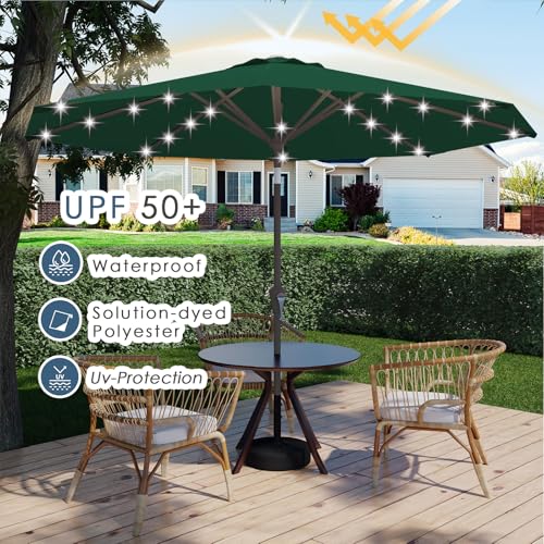 Image of 9FT Patio Umbrella with Solar Lights,Outdoor Market Umbrella with Tilt and Crank, LED Lighted Table Umbrella for Garden,Deck,Backyard,Pool,Beach (Dark Green)