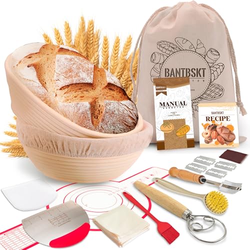 Banneton Bread Proofing Basket Set, Sourdough Starter Kit, 10'' Oval & 9'' Round Proofing Baskets with Full Set of Bread Making Kit, Sourdough Bread Baking Supplies, Baking Gifts