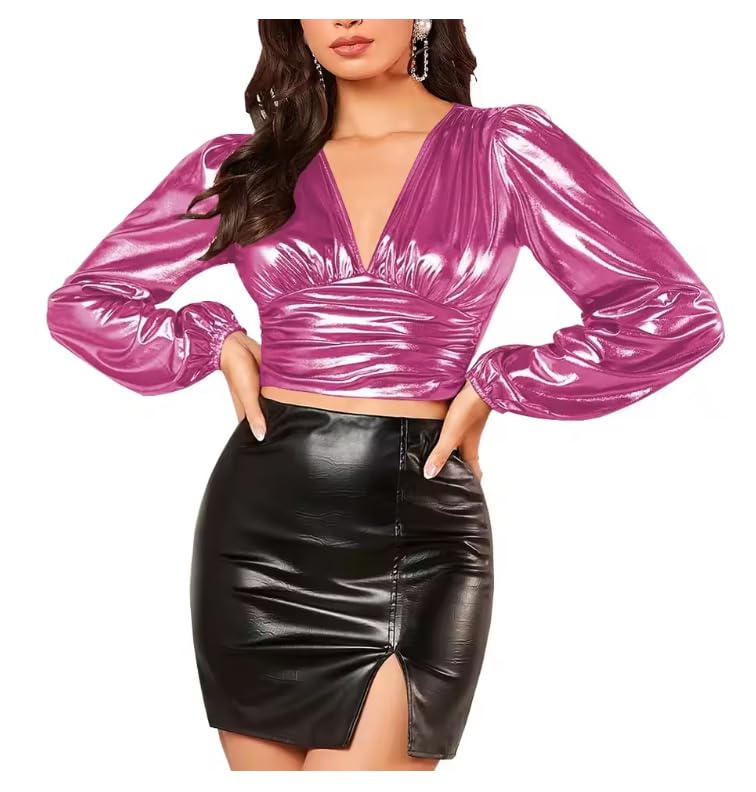 Camiseta corta con volantes metálicos de talla grande, cuello en V profundo, camisas de manga larga Sissy de gran tamaño, estilo punk, ropa de fiesta, personalizable