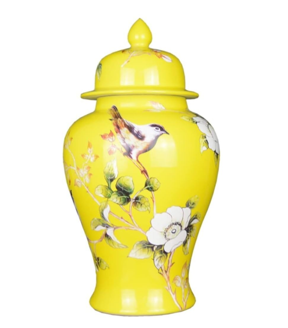 SBJKLYRN ceramic jar， Yellow Ceramic Ginger Jar Vases with Lid Flower Birds Porcelain Storage Jar Vase Temple Jars with Lid Temple Jar(18.5 * 35cm)
