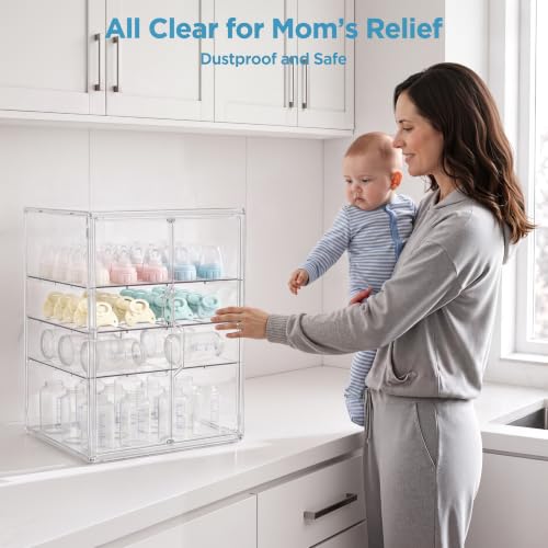 Image of HBlife Baby Bottle Storage Organizer for Countertop Cabinet, 4 Tiers Adjustable Clear Acrylic Bottles Storage Station Case Box Container with 3 Removable Dividers and Magnetic Double Door, X-Large