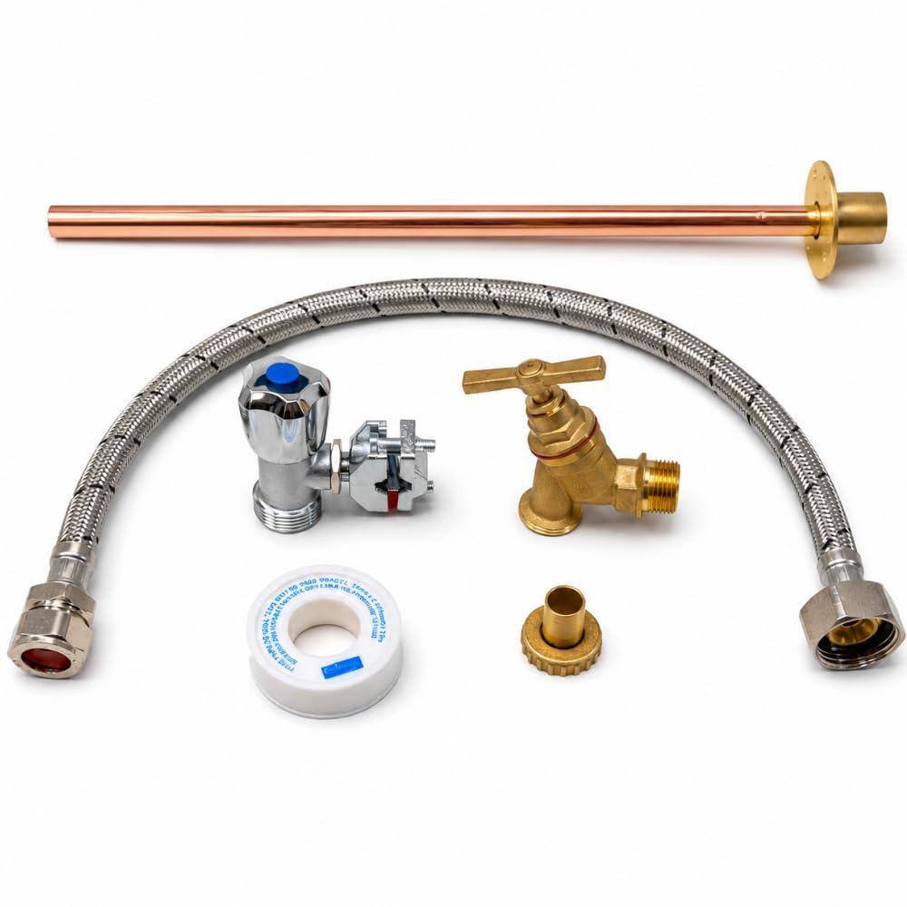 Outside Tap Kit – WRAS Approved Garden Tap Kit with Self-Cutting Tap, Double Check Valve, 350mm Through-Wall Flange, 400mm Flexible Connector & PTFE Tape – Easy DIY Outdoor Tap Kit Install