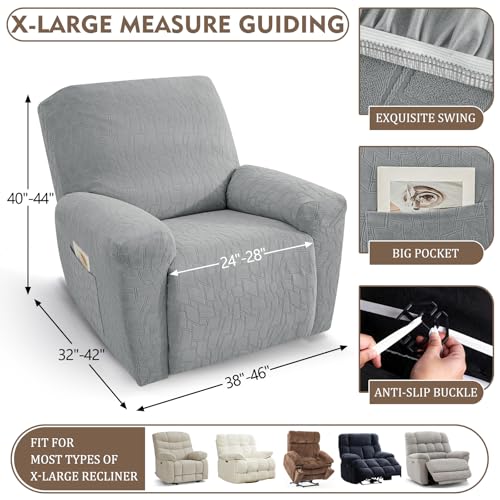 Image of ZNSAYOTX 100% Waterproof Recliner Chair Covers, 3-Piece Stretch Fit Recliner Slipcovers with Buckle & Elastic Band for Lazy Boy, Stay in Place, Soft Plaid Jacquard Protector (X-Large, Light Grey)
