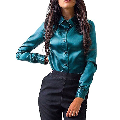 Women's Shirts Tops Button Down Long Sleeve Shirt Blouse Work Clothes Lapel Collar Formal Tops Green