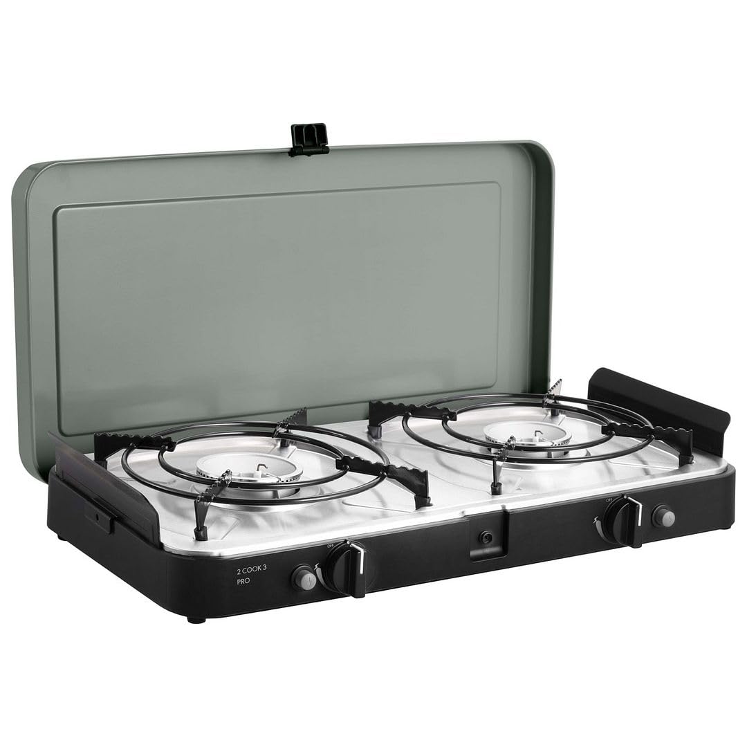 Parrilla de mesa portátil a gas CADAC 2-Cook 3 Pro – Estufa de camping 2 quemadores con encendido piezoeléctrico – Parrilla con cortavientos y bolsa de almacenamiento - Uso en exteriores