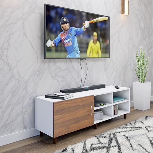 Image of VIKI Modern TV Unit for Living Room | Engineered Wood TV Cabinet with 1 Door Storage & 2 Open Shelves, Entertainment Unit, 140W x 48H x 40D cm | DIY | 1 Year Warranty (White & Walnut)