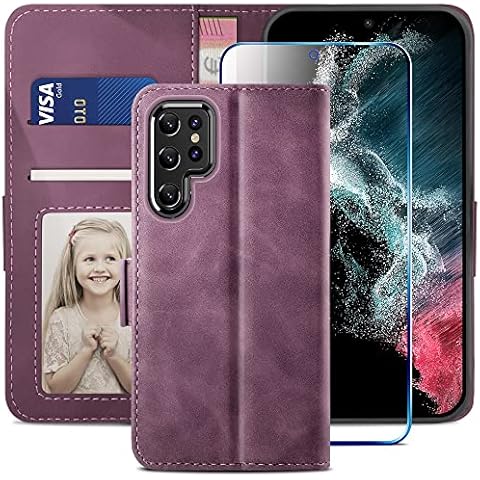 YATWIN Compatible with Samsung Galaxy S22 Ultra Case, Flip Wallet Leather Case with Screen Protector and Card Slot Kickstand Phone Cases Cover for Samsung S22 Ultra - Wine Red Cover