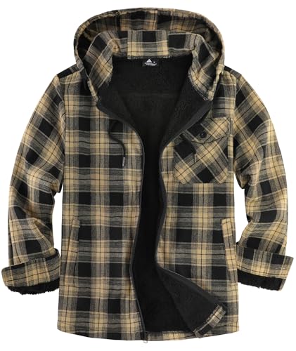 SCODI Men's Flannel Plaid Jacket Warm Sherpa Lined Fleece Hoodies for Men Zip Up Thick Jackets Winter Coat with Pocket Khaki Black XL
