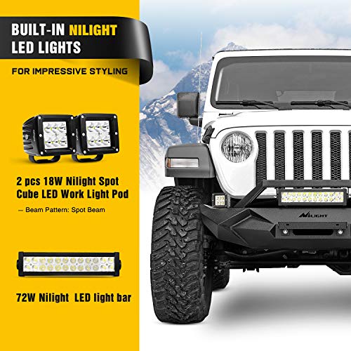 Image of Nilight Front Bumper w /Winch Plate Compatible for 2018-2024 Jeep Wrangler JL with 72W LED light bar 2 x 18W LED Work Light Pod License plate bracket