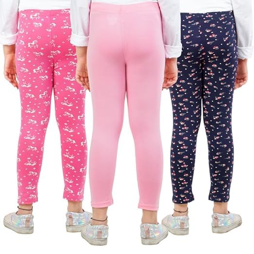 Image of Real Basics Girls Cotton Printed Non-Transparent Regular Fit Ankle Length Leggings (3 Leggings Set)