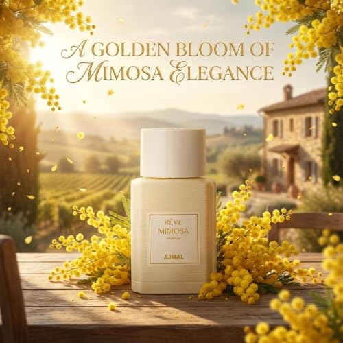 Image of Ajmal Oud Marquis Reve Mimosa Eau de Parfum for Women, 3.4 fl oz | Dreamy mimosa-floral women's EDP by Ajmal. Feminine, luminous, long-lasting. Crafted in Dubai, made in France.