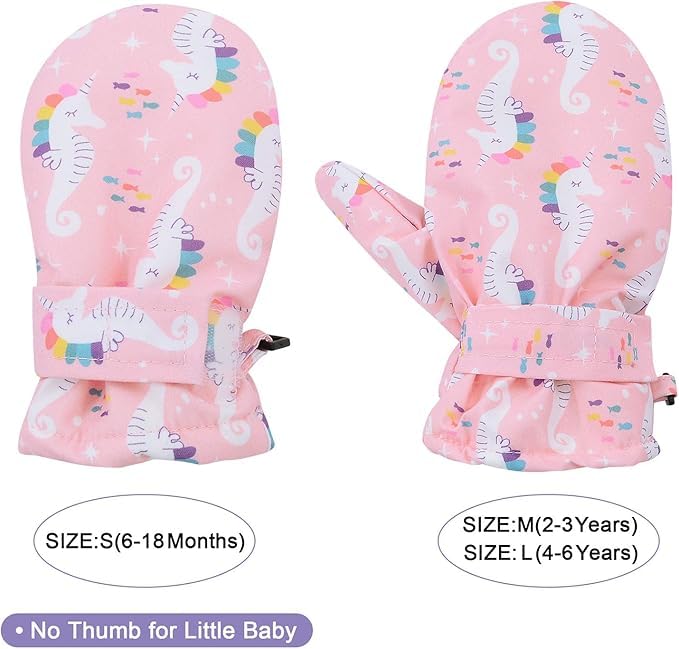 Image of American Trends Lined Fleece Toddler Mittens Winter Warm Gloves Child Ski Waterproof Snow Baby Mittens for Boys Girls, A Pink Seahorse, L (Fits 4-6 Years)