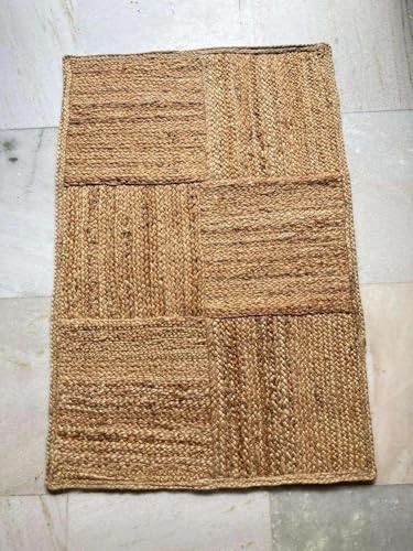 Image of Handmade Natural Jute Cotton Natural Fibers Floor /Door Mat Rugs Furnish Decor Striped Rectangular Design Carpet for Bedroom Living Room (JUTE0011, 2x3-Runner)