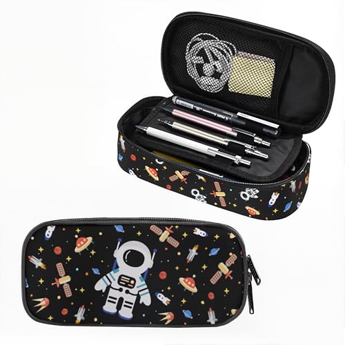 Image of Astronaut with Space Planets Pencil case for Student Girl Boy, Large Capacity Black Pencil Pouch with Zipper Compartments, Cosmetic Makeup Bag Organizer for School Supplies Office Home