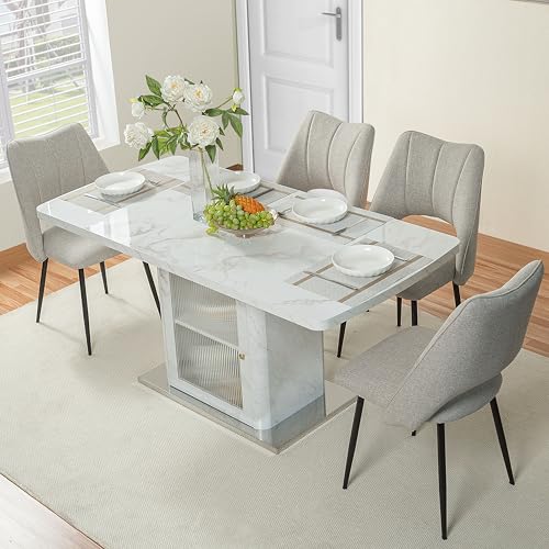 VSOGA Mesa de comedor rectangular moderna de 120 a 160 cm, extensible, con tablero de mármol blanco impreso + patas de almacenamiento con base de metal