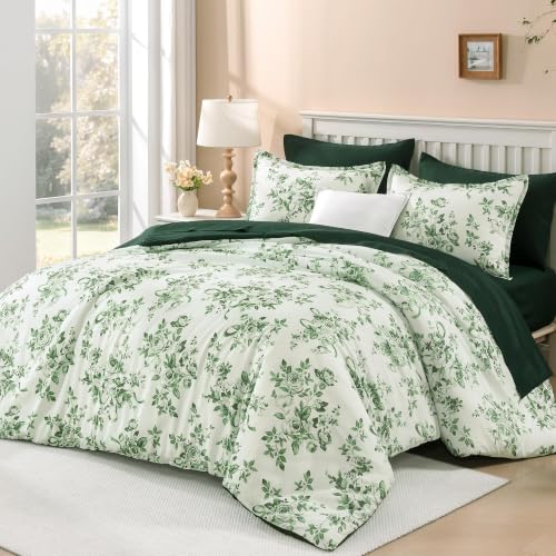Image of Andency Floral Comforter King Set, 7 Pieces Green Rose Flower Bedding Set