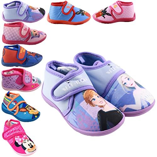 Characters Cartoons - Bébé Fille - Chaussons Col Haut Chaussures de Maison Fermeture Velcro - Bing Frozen Avengers Spiderman Minnie Paw Patrol - Automne Hiver, 14067 La Reine des Neiges Violet, 22 EU