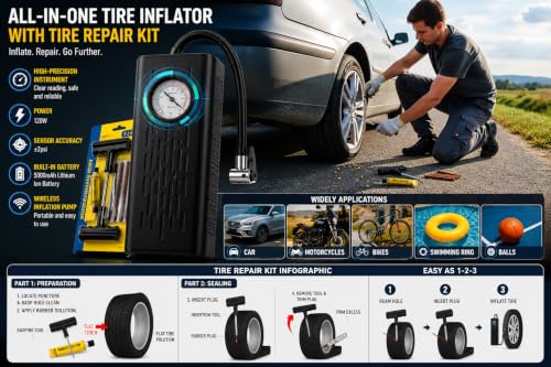 Image of Portable Tire Inflator Air Pump with 150 PSI & Tire Repair Kit, Cordless Air Compressor, Wireless Car Tyre Inflator, Digital Pressure Gauge, Rechargeable Air Pump for Car,Motorcycle, SUV, Bicycle.
