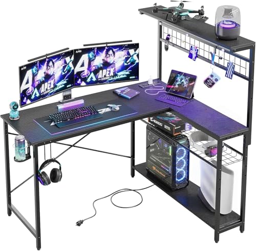 Bestier 51' L Gaming Desk with Power Outlets LED Lights, Carbon Fiber Black