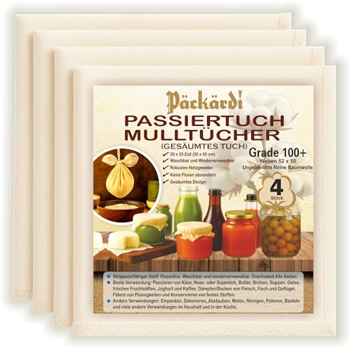 Grade 100+ PACKARDI Passiertuch 4 Stück ca. 50x50 cm je Käsetuch, Cheesecloth Filtertuch Seihtuch 100% ungebleicht, aus reiner Baumwolle, fusselfreie Mulltücher mit vernähten Ecken