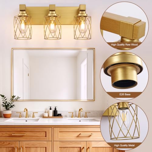 Image of Bathroom Light Fixtures, 3 Light Brushed Gold Wood Vanity Lights