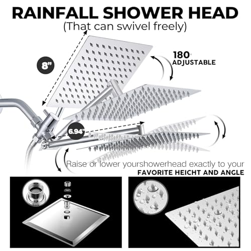 Image of Filtered Shower Head,8 Inch Rain Shower Head with Handheld Spray Combo, Adjustable High Pressure Rainfall Shower Head, Dual Showerhead Set with Extension Arm and 60 Inch Long Shower Hose