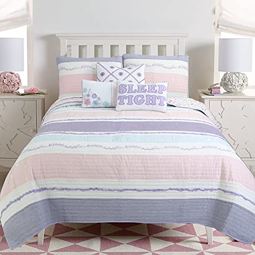 Cozy Line Home Fashions Stripped Floral Vine Star Butterfly Ruffle Embroidered 2-Piece Pink Purple Blue White Cotton Reversible Twin Quilt Bedding Set