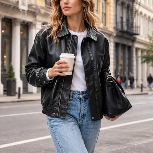 MaMiDay Faux Leather Jacket for Women Lapel Zip-Up Bomber Coat - image 2