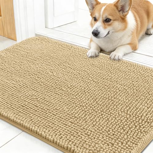 OLANLY Dog Door Mat for Muddy Paws 24x16, Super Absorbent Chenille Mud Mat | Beige, Absorbs Moisture and Dirt, Non-Slip Machine Washable Doormat, Quic