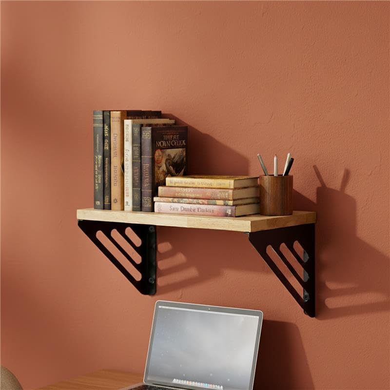 Image of Wall Shelf with Wooden Top Black|White Iron Brackets Storage Rack|Industrial Wall-Mounted Floating Shelf for Living Room,Kitchen,Bathroom (Black Lines Small)