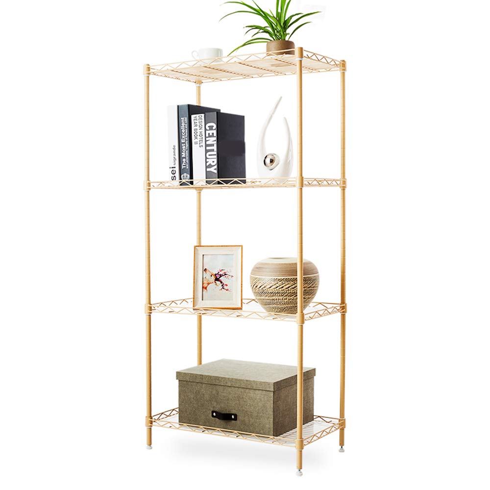 Scaffale moderno a 4 ripiani con ganci, multiuso, in metallo, per dispensa, cucina, bagno e ufficio, in filo di acciaio inox, colore oro