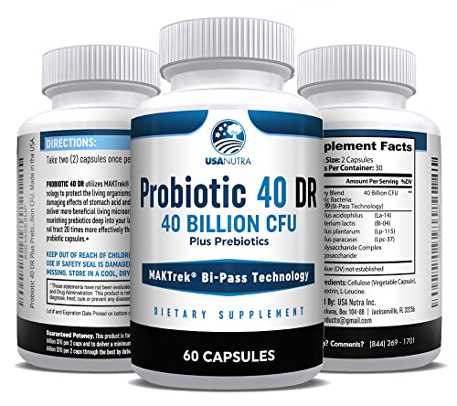 Probiotic 40 DR - 40 Billion Delayed Release Prebiotics Plus Probiotics, Most Robust Strains Acidophilus No Refrigeration Needed. 60 Capsules, 30 Days. Made in The USA