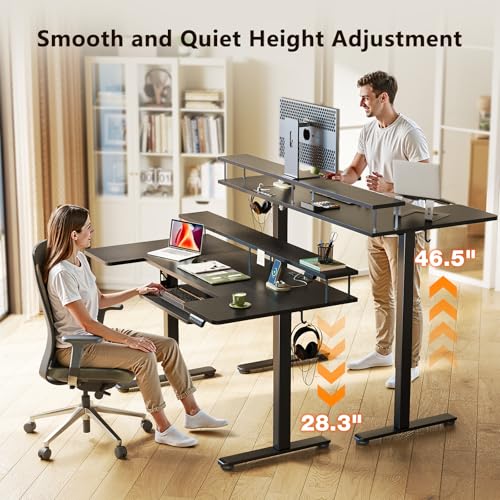 Image of OffiGo U Shaped Electric Standing Desk with Keyboard Tray, 55 Inch Height Adjustable Desk with Power Outlets & LED Lights, Sit Stand Table with Monitor Stand for Home, Office, Black