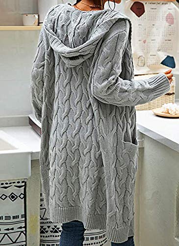 Image of Women Hooded Open Front Cardigan Cable Knit Chunky Long Sweater Coats