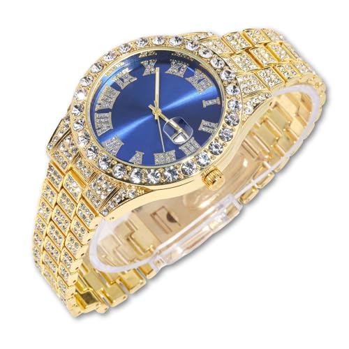 Montre diamant pour homme en or 18k avec cadran bleu luxueux