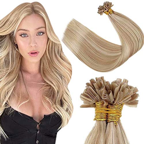 U Tips Hair Extensions Highlight LaaVoo Blonde Prebonded Keratin U Tip Remy Hair Extensions Highlight Ash Blonde Mixed Light Blonde Nail Tip Hair Extensions Straight Blonde Hot Fusion 50g/50s 20"