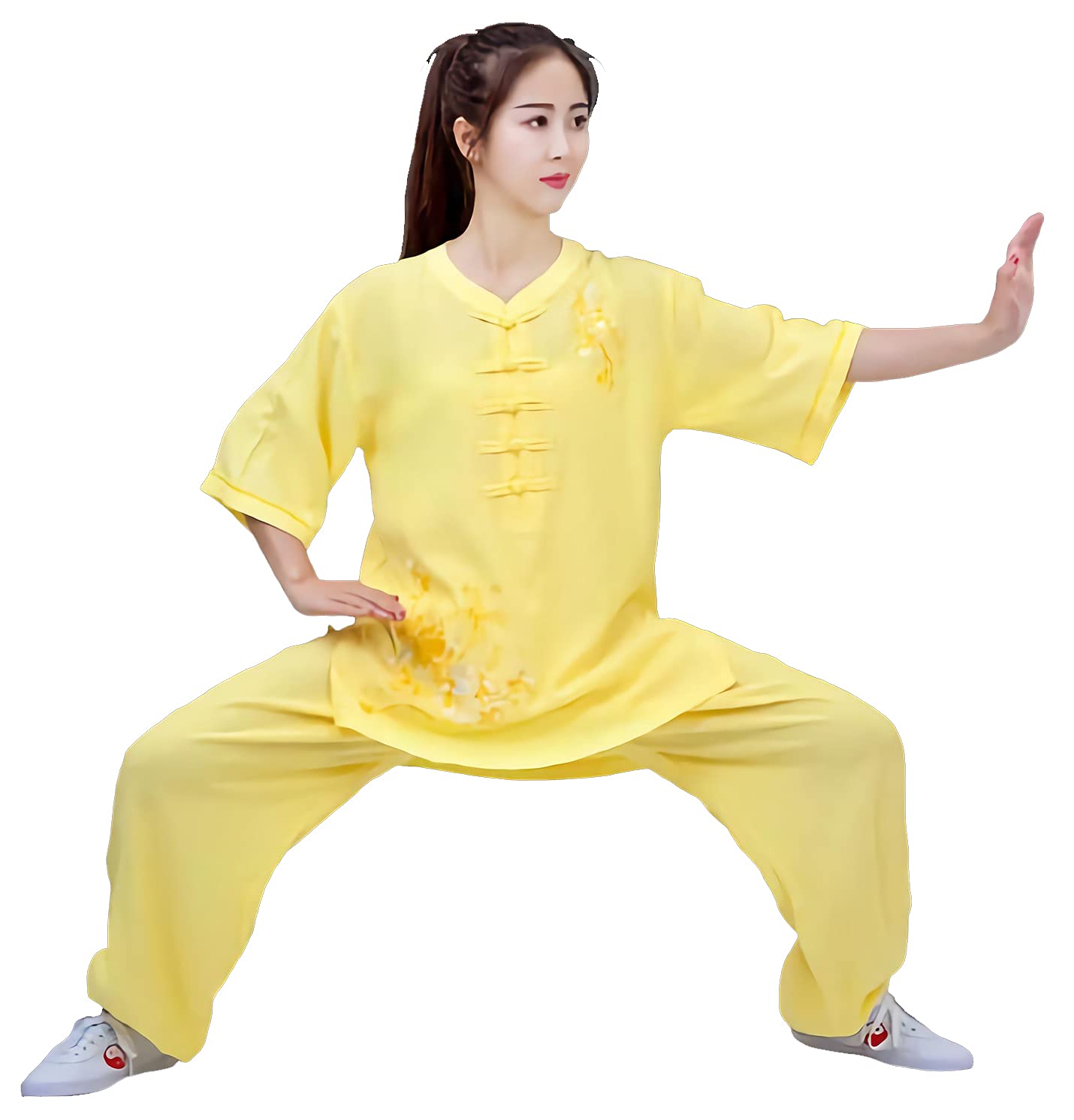Abbigliamento Qigong Donna Estate Elegante Manica corta Lino estivo Lino di cotone Abito Tai Chi Lanterna Tai Chi Abbigliamento Tai Chi Abbigliamento da allenamento ricamato Blu-XXL (Rosa XXL) (Giallo