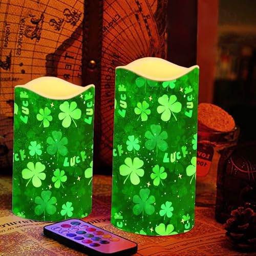 Image of Saint Patrick's Day Green Leaf Plastic Flameless Candles with Remote Control and Timer LED Flickering Battery Operated Color Changing Electric Pillar Candles St. Patrick's Day Decoration
