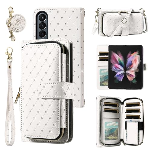 Image of Phone Cover for Samsung Galaxy Z Fold 4 5G 2022 Wallet Case Cell Zipper with Tempered Glass Screen Protector Crossbody Lanyard Strap Bling Glitter Slot ZFold4 Z4 Fold4 4Z ZFold45G Women Girls White