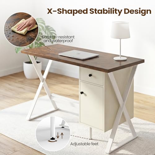 Manora 47" Industrial Computer Desk with 2 Drawers, Modern Writing Desk with Storage for Home Office, Study, Bedroom, Rustic Brown & White