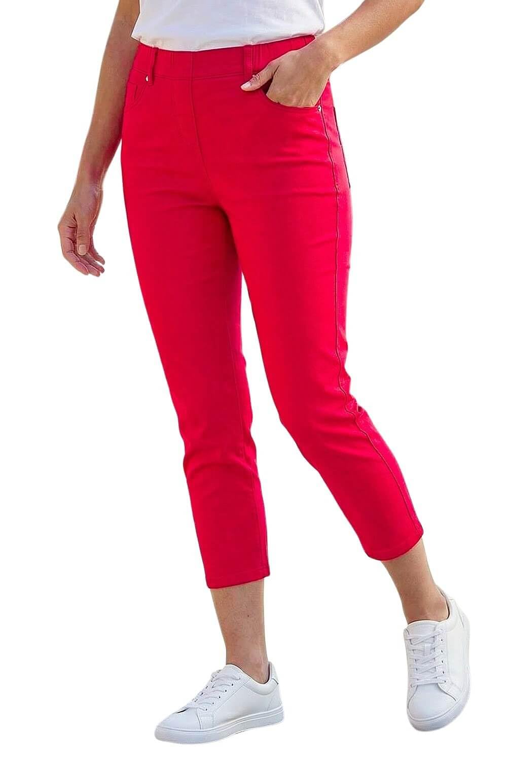 Roman Cropped Jeggings for Women UK Ladies Capri Stretchy Jeans Denim Legging Cotton Summer Trouser Three Quarter 3/4 Length Pull On Cut Off High Waist Smart - Red - Size 10