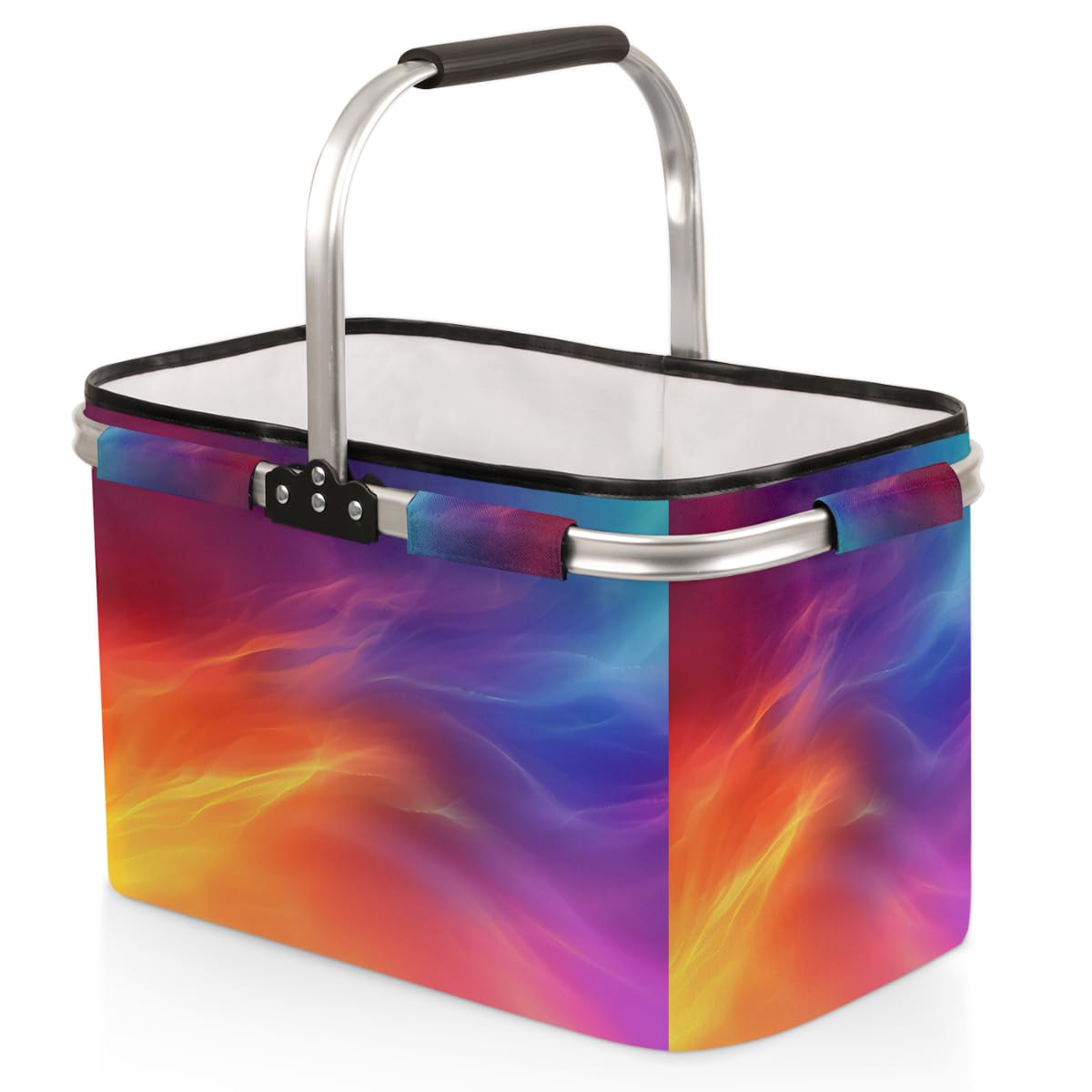 Skonsati Folding Picnic Basket Liquid Glitter Large Reusable Shopping Basket Collapsible Grocery Tote Bag with Handle & Aluminum Frame for Picnic Beach Pool Festival